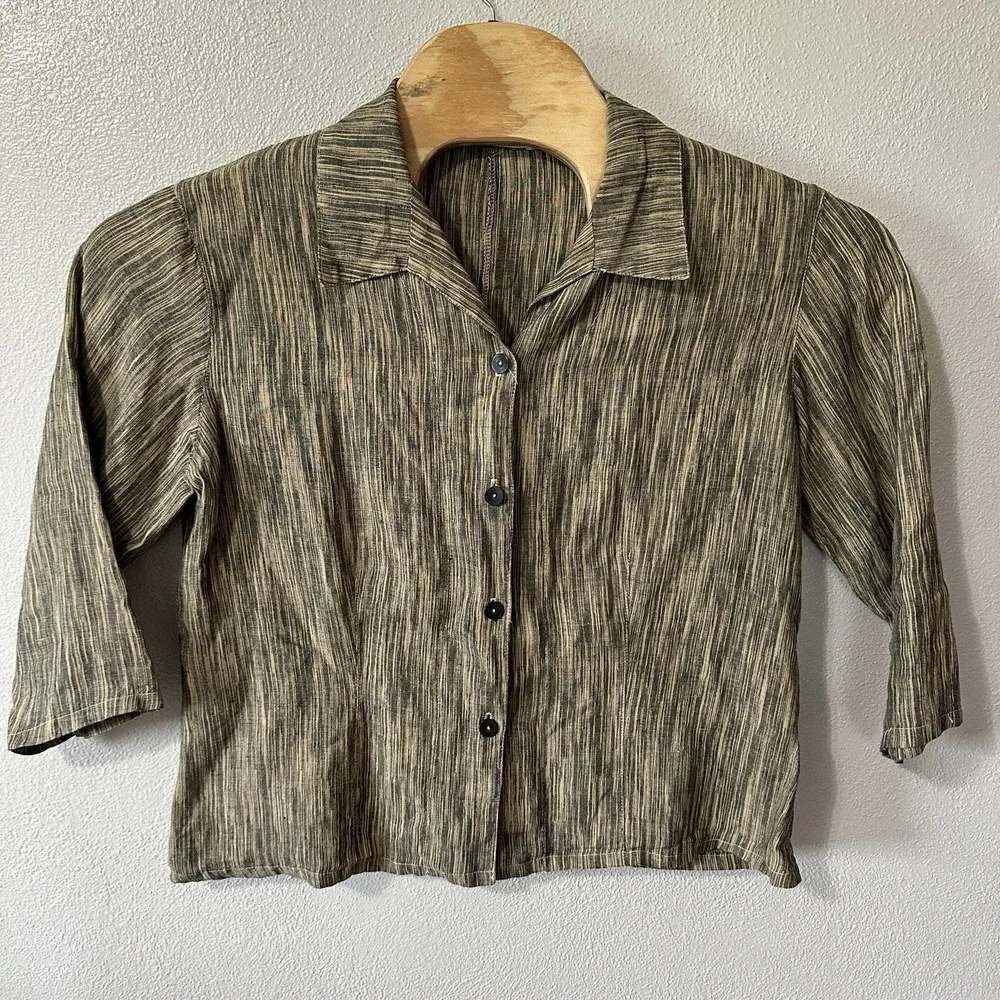 Cut Loose Oversized Boxy Linen Button Up Lagenlook Size Large Beige‎ Gray Stripe